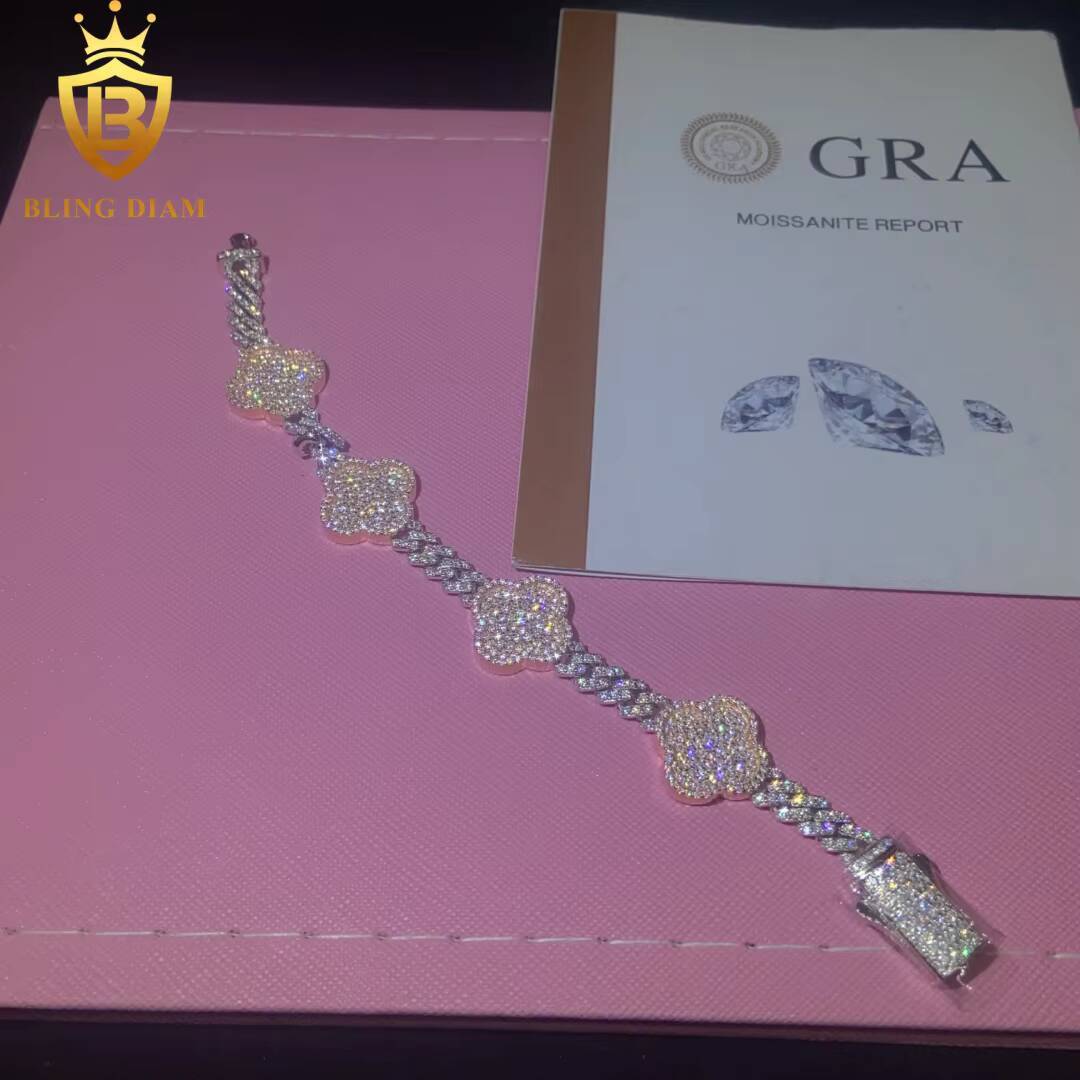 Four Leaf Clover 6mm 925 Sterling Silver Chain Moissanite Cuban Bracelet Men Women Hip Hop Style Pass Diamond Tester with GRA