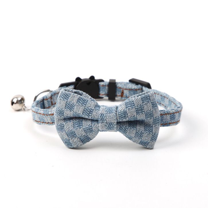 Chic Checkered Denim Bow Tie Pet Dog Cats Collar with Bell Light & Dark Wash