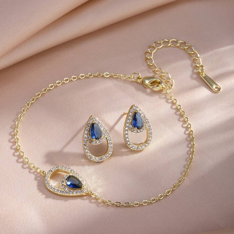 Blue Water Drop Zircon Earring Bracelet Set Micro Pave Cubic Zirconia Fashion Women Jewelry Sets Gift
