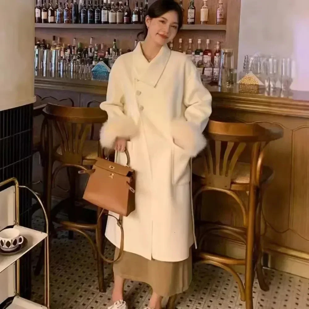 Double-sided Cashmere Coat Women Autumn Winter Fox Fur Jacket Female Wool Coat Long Fox Fur Collar Woolen Coat 250811