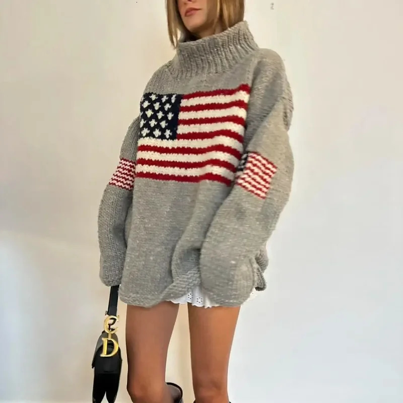 Retro Womens US Flag Long sleeved Pullover Sweater Knitted High Neck Large Y2K Sweater Retro Sweater Warm 250808