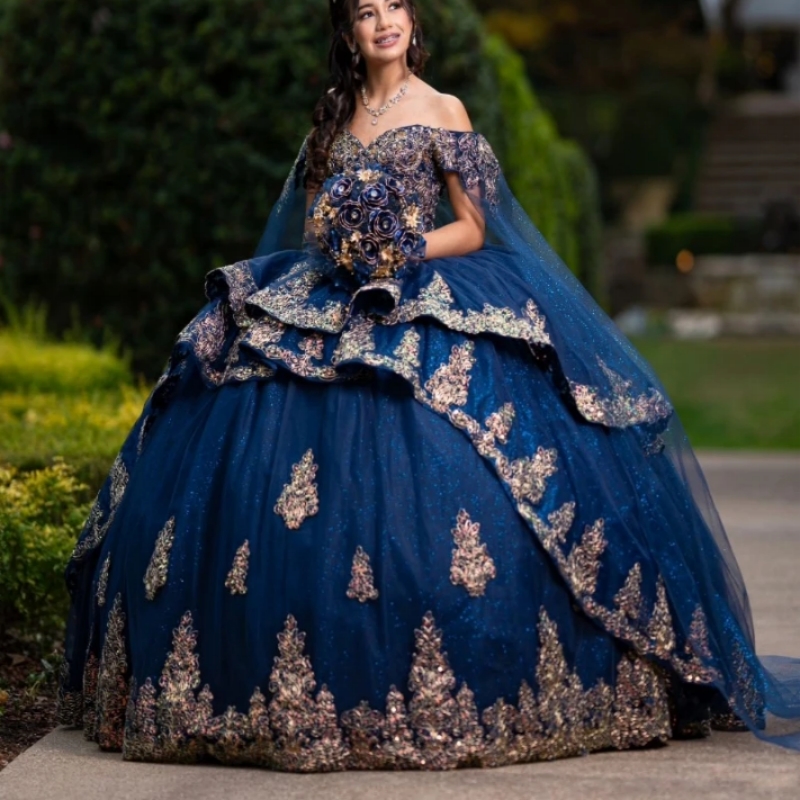 Navy Blue Shiny Princess Sweet 16 Dress Quinceanera Dresses Off The Shoulder Applique Lace Beads With Cape Tull Party Birthday Vestido De 15 Anos