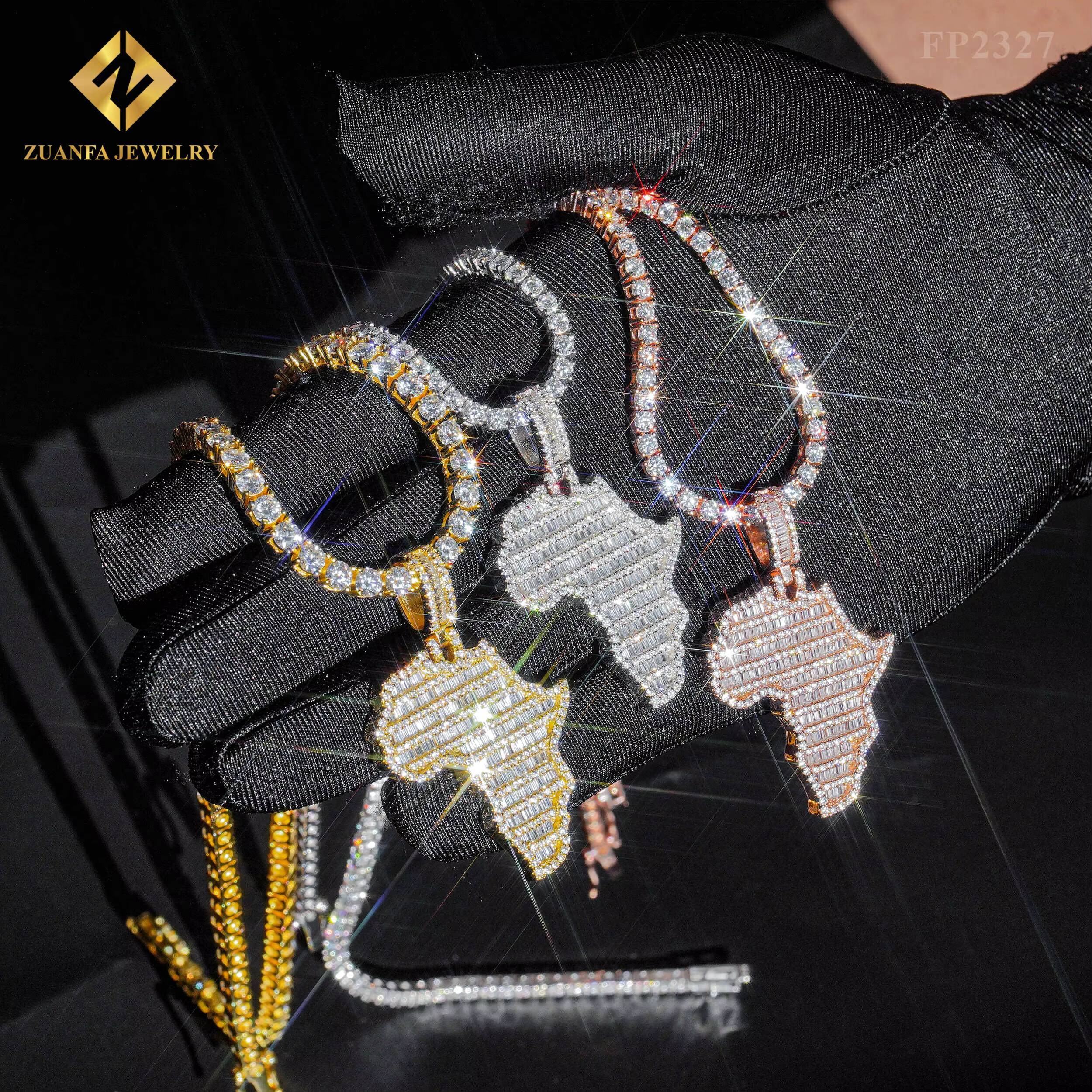 Worldwide Shipping Hip Hop Jewelry Iced Out Charms Pendant 925 Solid Silver Full Baguette Moissanite African Map Pendant