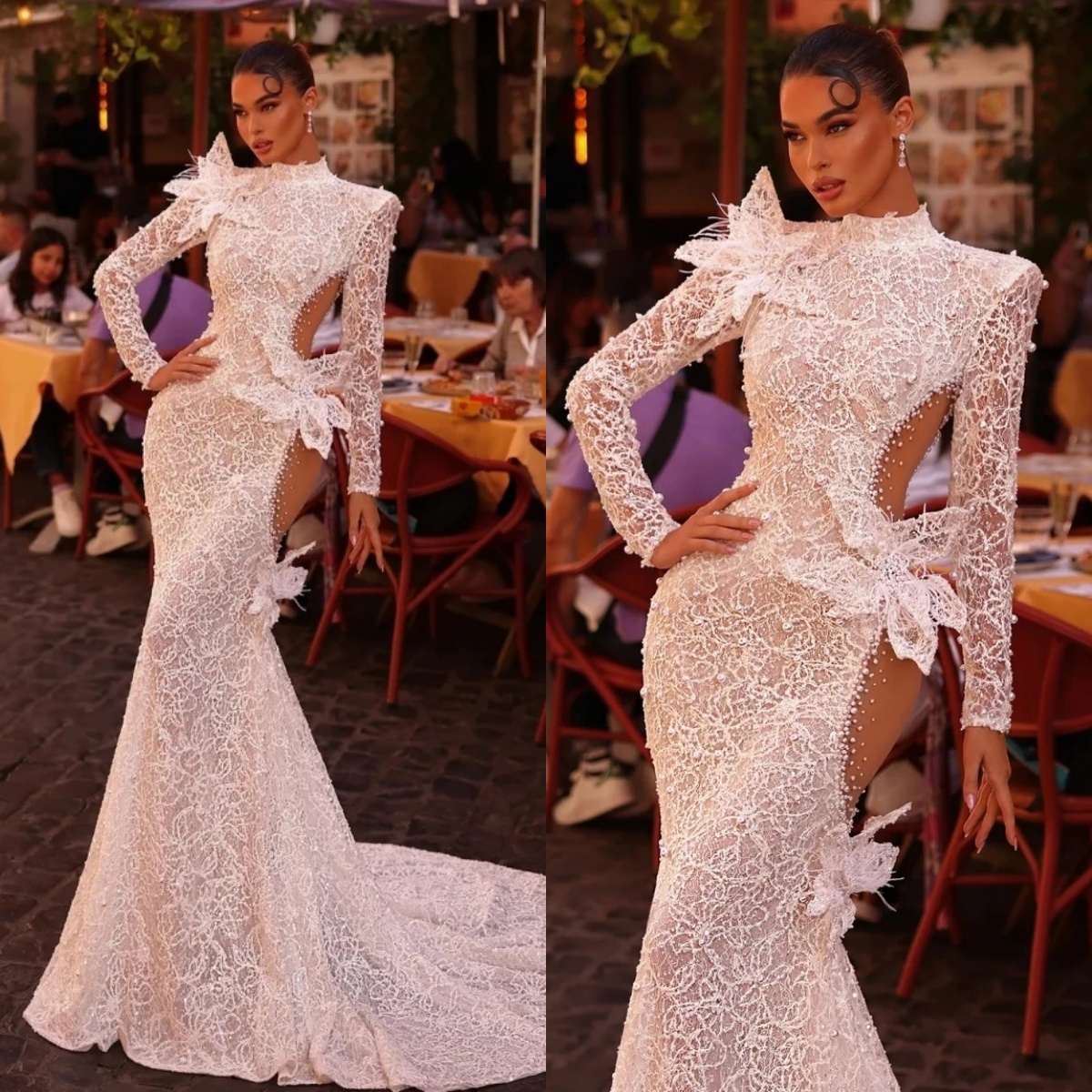 Fashion Wedding Dresses High Neck Pearls Lace Bridal Gowns Illusion Long Length SeeThrough Mermaid Customized Vestidos De Novia Plus Size