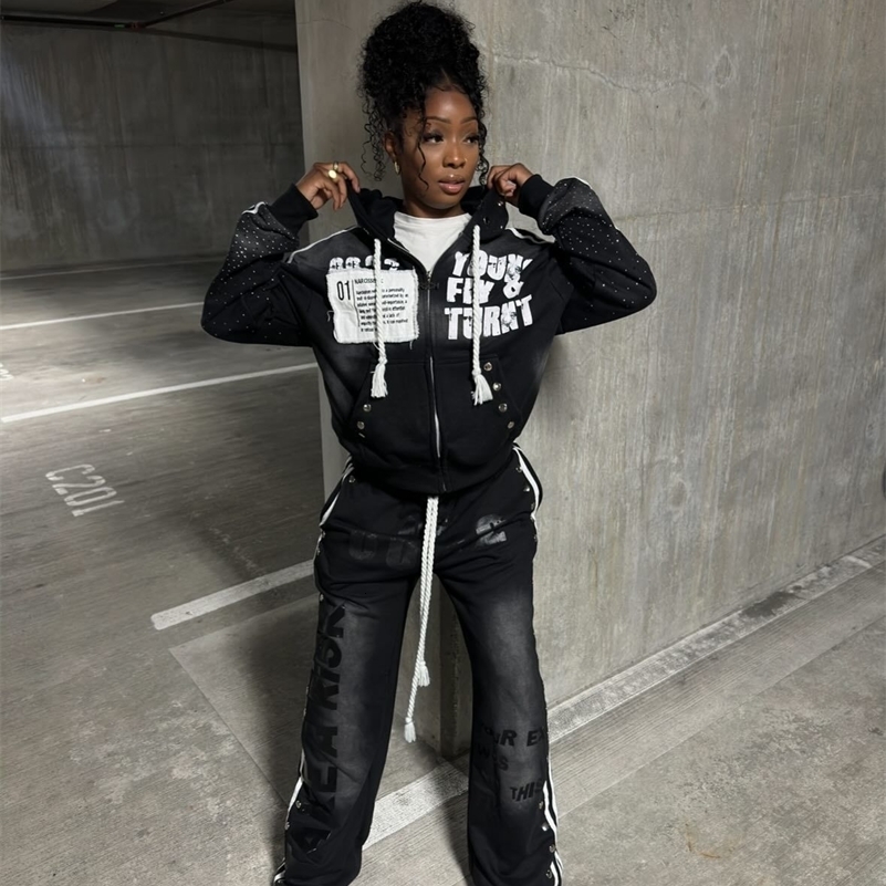 Y2k Vintage Stripe Embroidery Zip Up Hoodies Rock Harajuku Men Women Streetwear Gothic Punk Hip Hop Washed Sweatshirt y250729