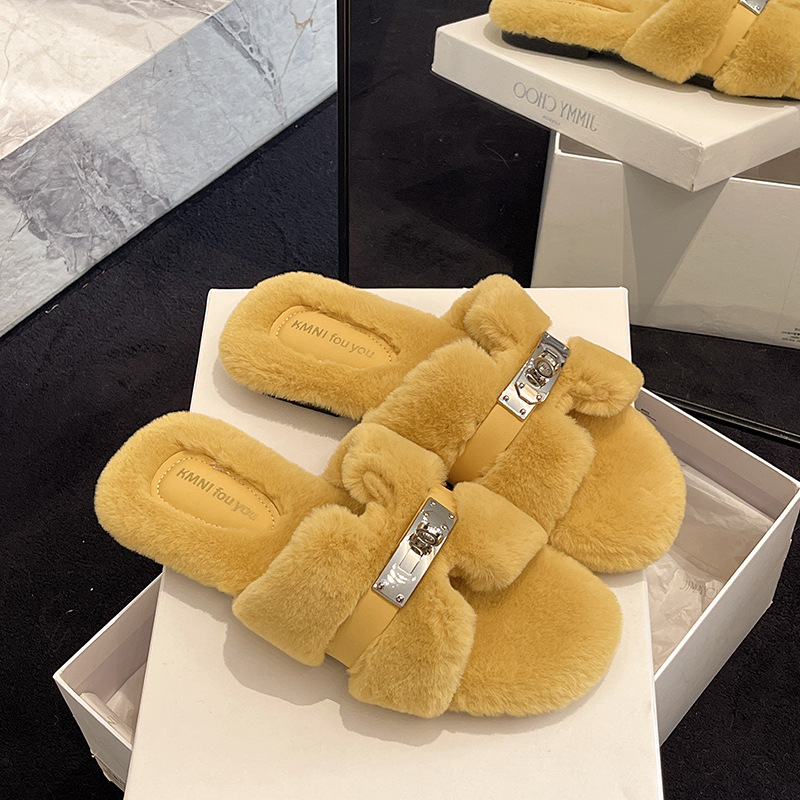 free shipping designer shoes New autumn winter fashion flat bottom fluffy slippers casual versatile suitable for outdoor wear and home shoes