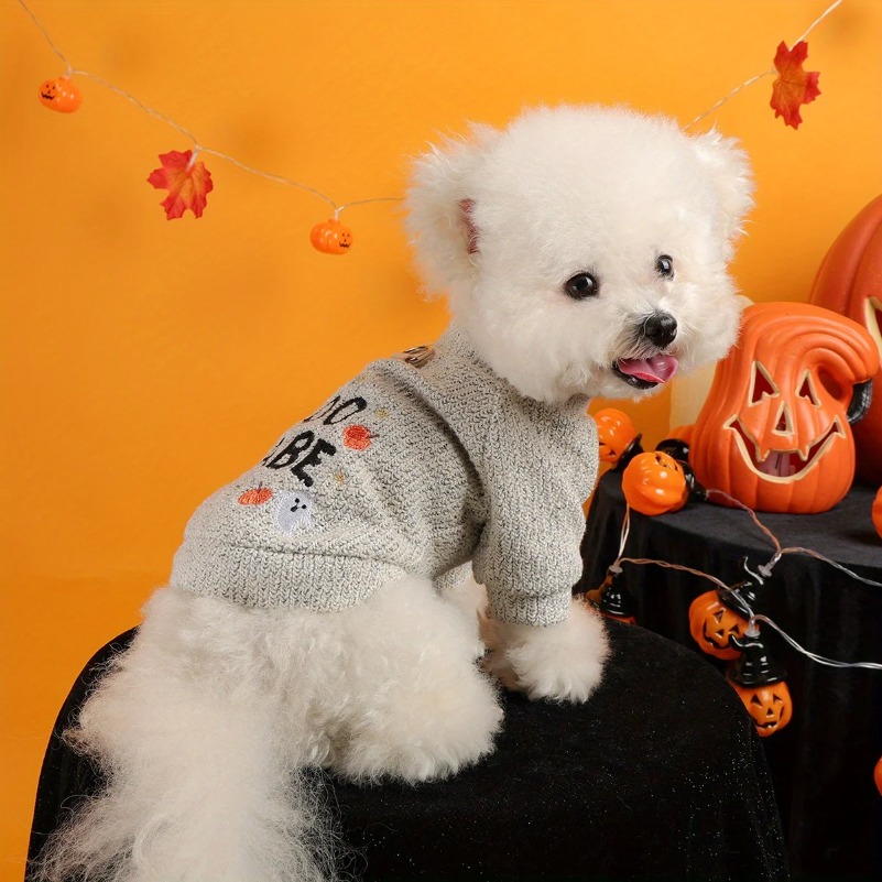 Pumpkin Ghost Halloween Crew Neck Pet Clothes Dog Cat Light Grey Funny English Embroidery Pullover Traction Jacket