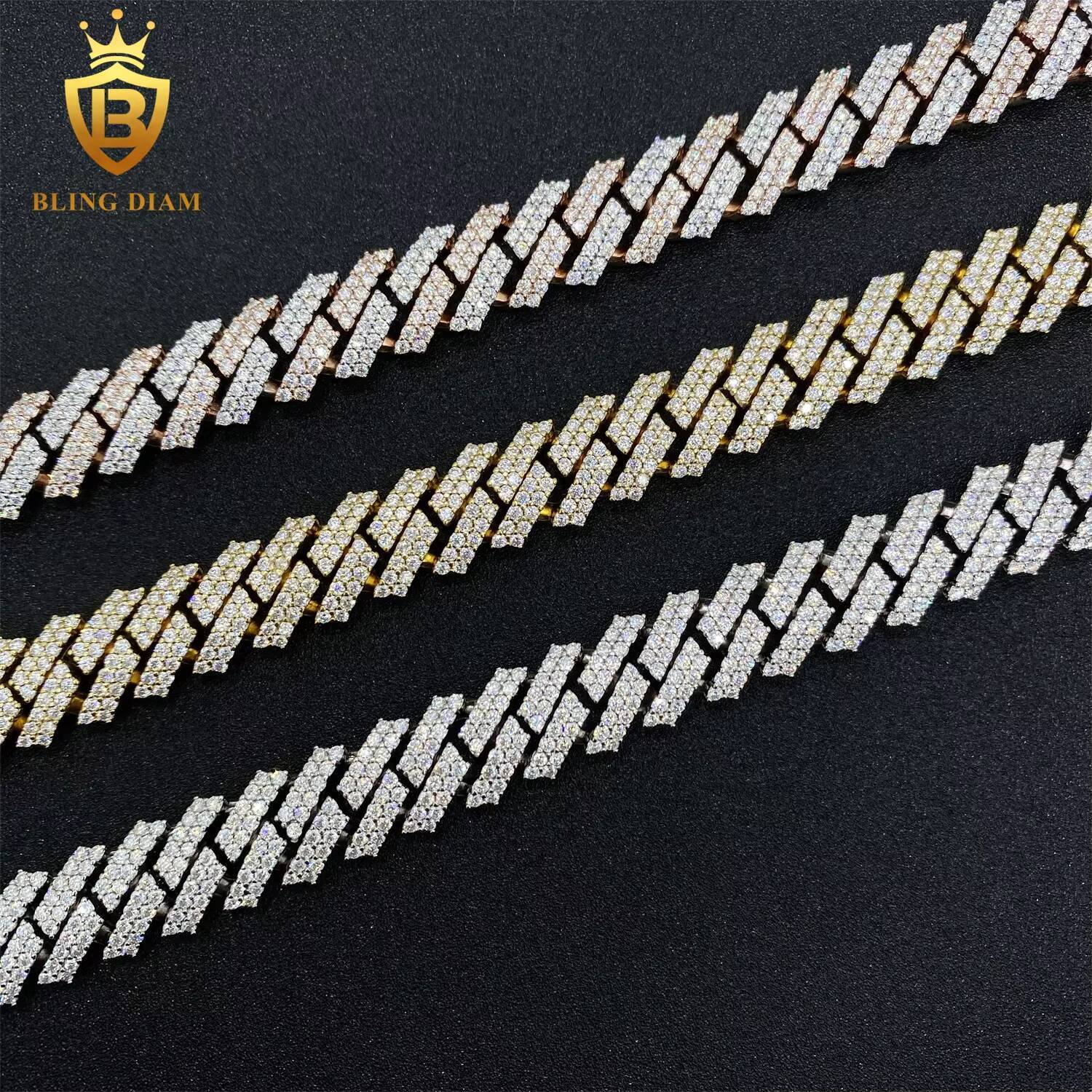 Factory Direct Sale 12mm Cuban Link Chain Moissanite 2 Row Prong Chain Necklace Pass Diamond Tester