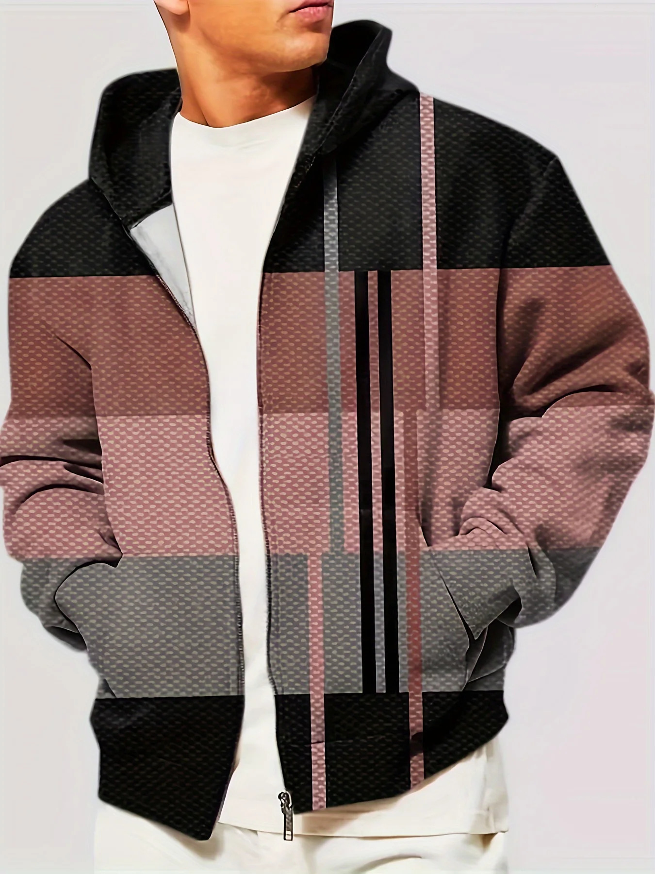 Mens Plus Size Digital Print Color Block Casual Hooded Jacket With Pockets Zipper Lapel Shirt Outdoor Fashion Tops 250814