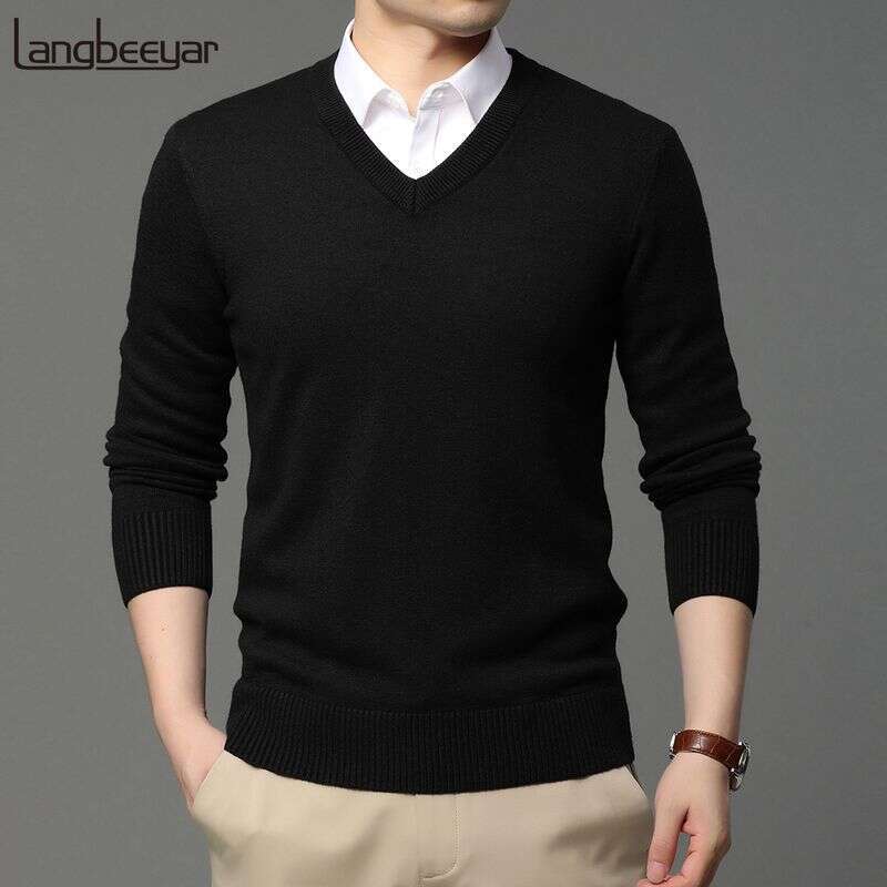 2025 High Quality New Fashion Brand Woolen Knit Pullover V Neck Sweater Black For Autum Winter Casual Jumper Men Clothes