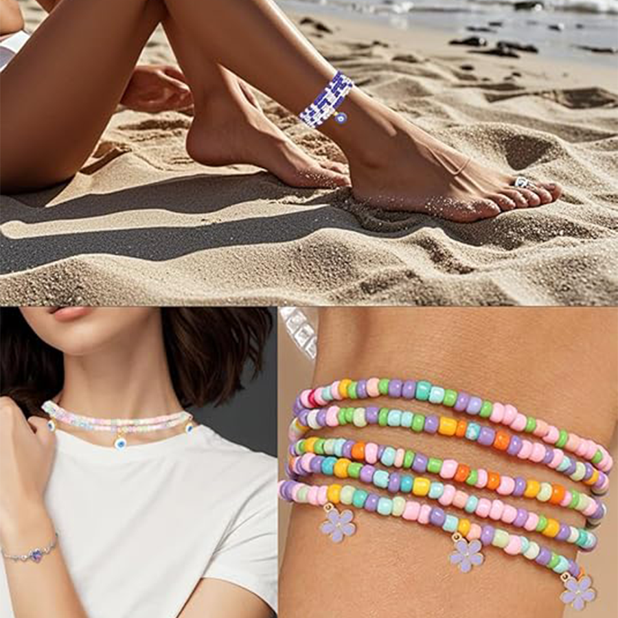 8Pcs 31.5 Inches African Waist Bead Chain Elastic Belly Beads Butterfly Shell Eye Layered Body Chain Colorful Jewelry