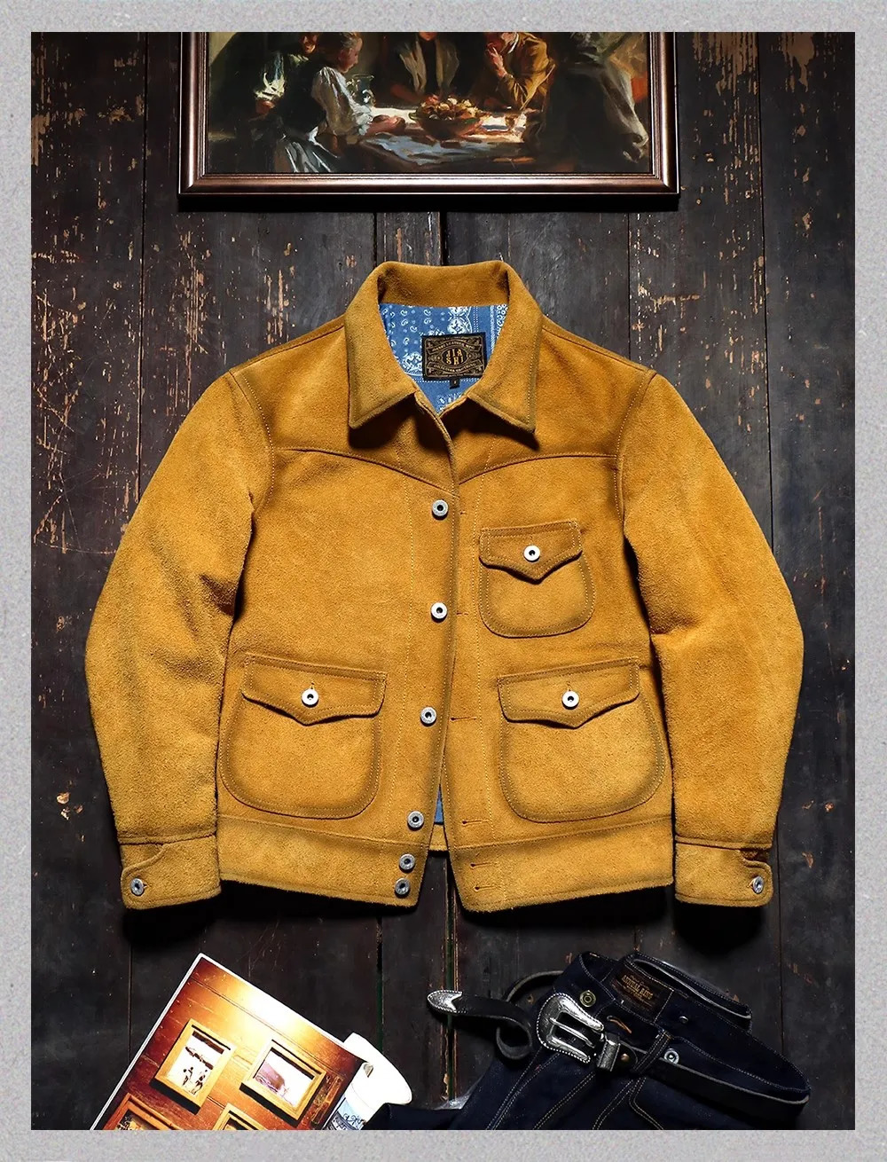 YRTop. Vintage 100% leather jacket.Casual Cow suede leather coat.Classic real leather cloth.American retro western 250808