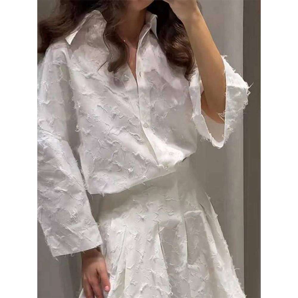Elegant Fringes Shirt Skirt Set Women Half Sleeve Lapel Single Breasted Shirts A-line Long Skirts Suit Summer Lady Sets