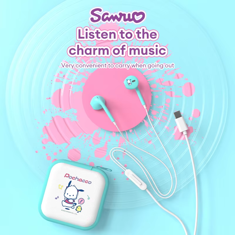 Sanrio Hello Kitty Wired Earbuds Semi-In-Ear Portable Earbuds Storage Case JS-0192 High-Definition Lossless Audio Quality Music Earbuds Type-C Interfa