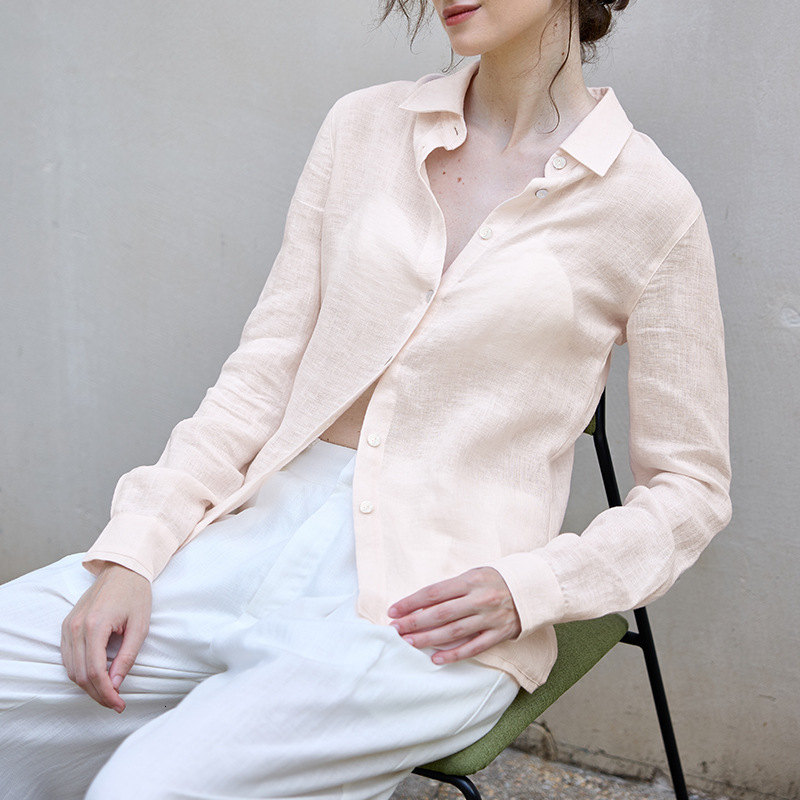 2025 Autumn Pure Linen Women's Shirt Loose Old Money Style Single-Breasted Solid Color Top Slightly Sheer Minimalist Blouse