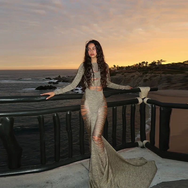 Sexy Hollow Out Evening Party Maxi Dress For Women Long Sleeve Backless Slimming High Waist Robe 2025 Summer Y2k 250808