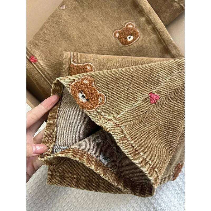 Lace Teddy Bear Embroidered Patchwork Design Wide leg 2025 Spring New High Waisted fit Slimming Casual Jeans for Commuting