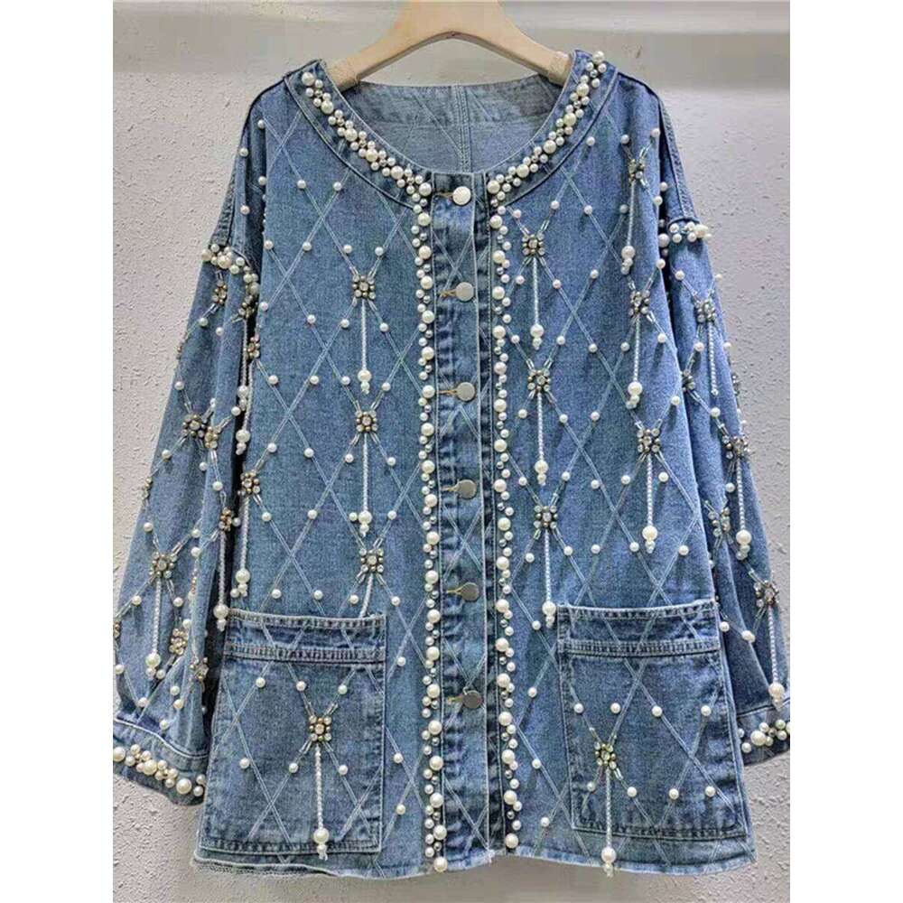 Designer Clothing 2025 VGH Spring Runway Style Patchwork Plaid Jackets For Women O Neck Long Sleeves Spliced Pearls Fashionable Denim Coats Female