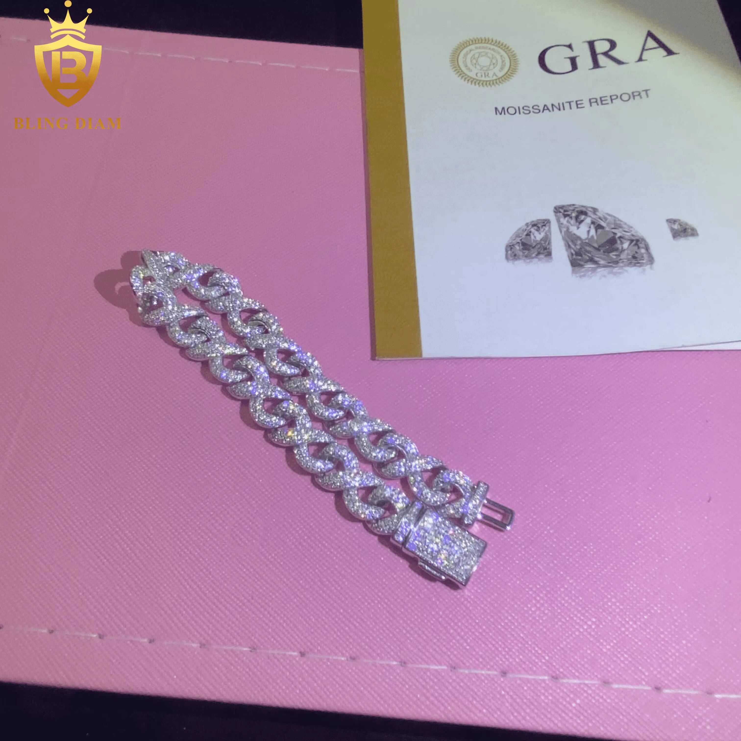 New Design Fashion 925 Eight-Character Chain Moissanite Cuban Bracelet Men Women Hip Hop Style Pass Diamond Tester 10mm with GRA