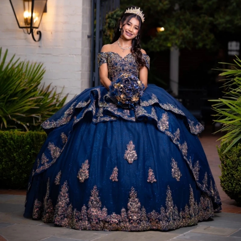 Navy Blue Shiny Princess Sweet 16 Dress Quinceanera Dresses Off The Shoulder Applique Lace Beads With Cape Tull Party Birthday Vestido De 15 Anos