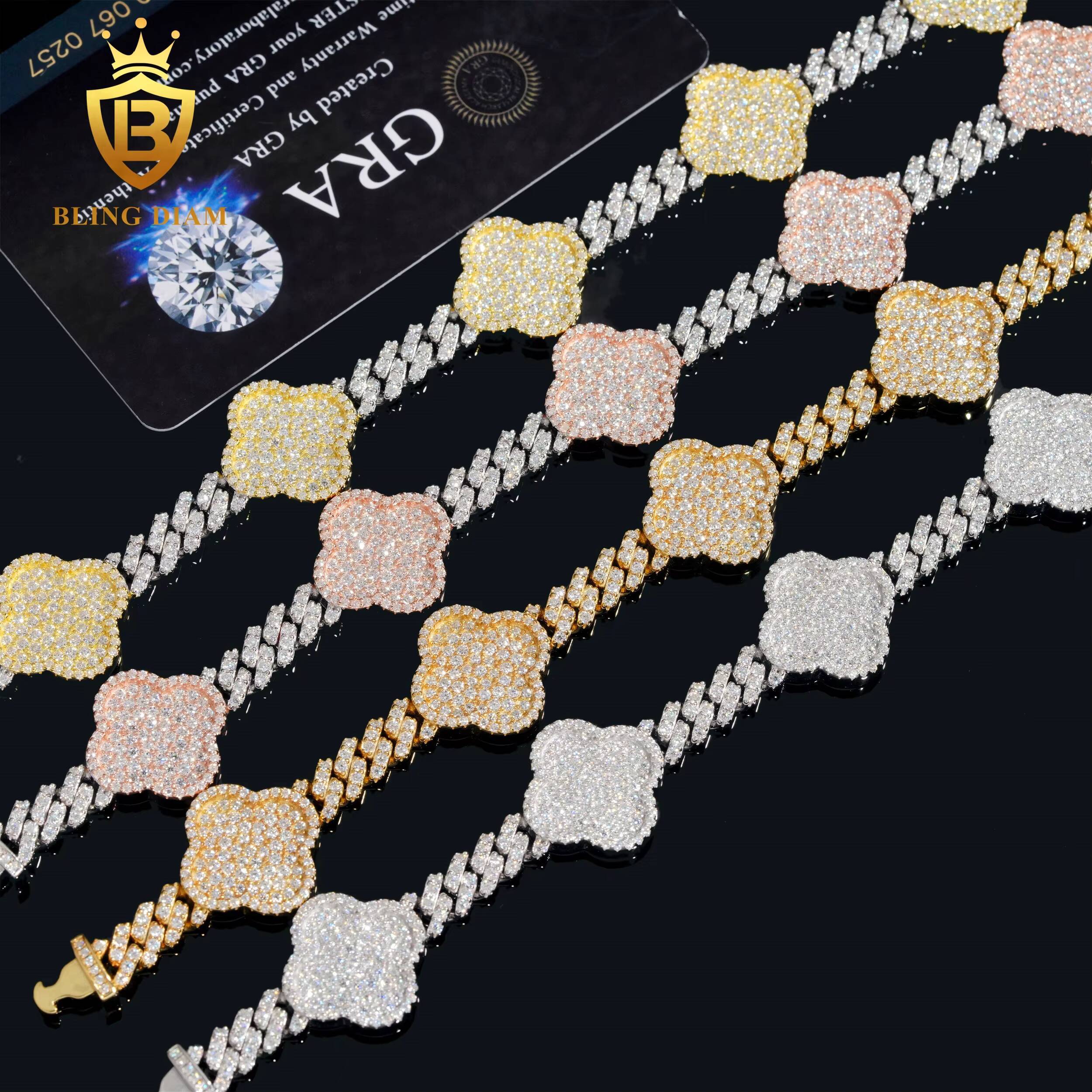 Custom 6mm Vvs Iced Out Moissanite Diamond Hip Hop Bracelet 925 Silver Four-Leaf Clover Bracelet Men Women