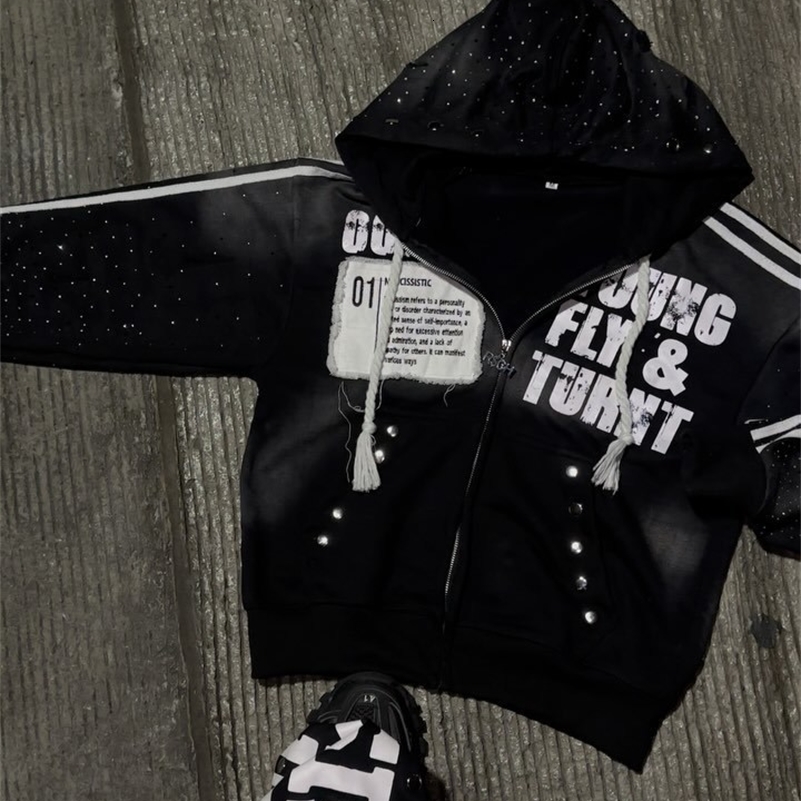 Gothic Punk Hip Hop Washed Hoodie Y2k Retro Klein Stone Stripe Embroidery Zip Up Hoodies Rock Harajuku Men Women Streetwear y250729