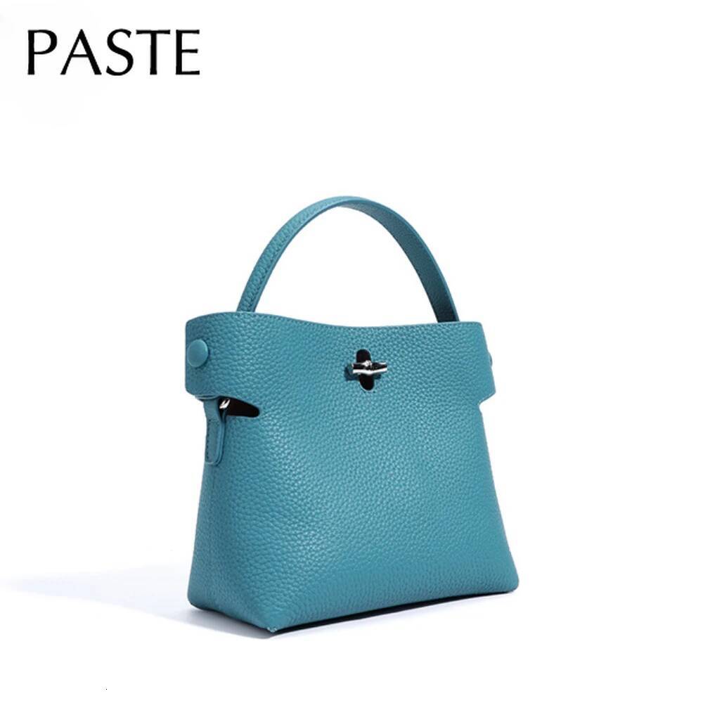 New Summer Blue Color High-End Small Bucket Tote Buckle Close Design Genuine Cow Leather Women Shoulder Bag Handbag