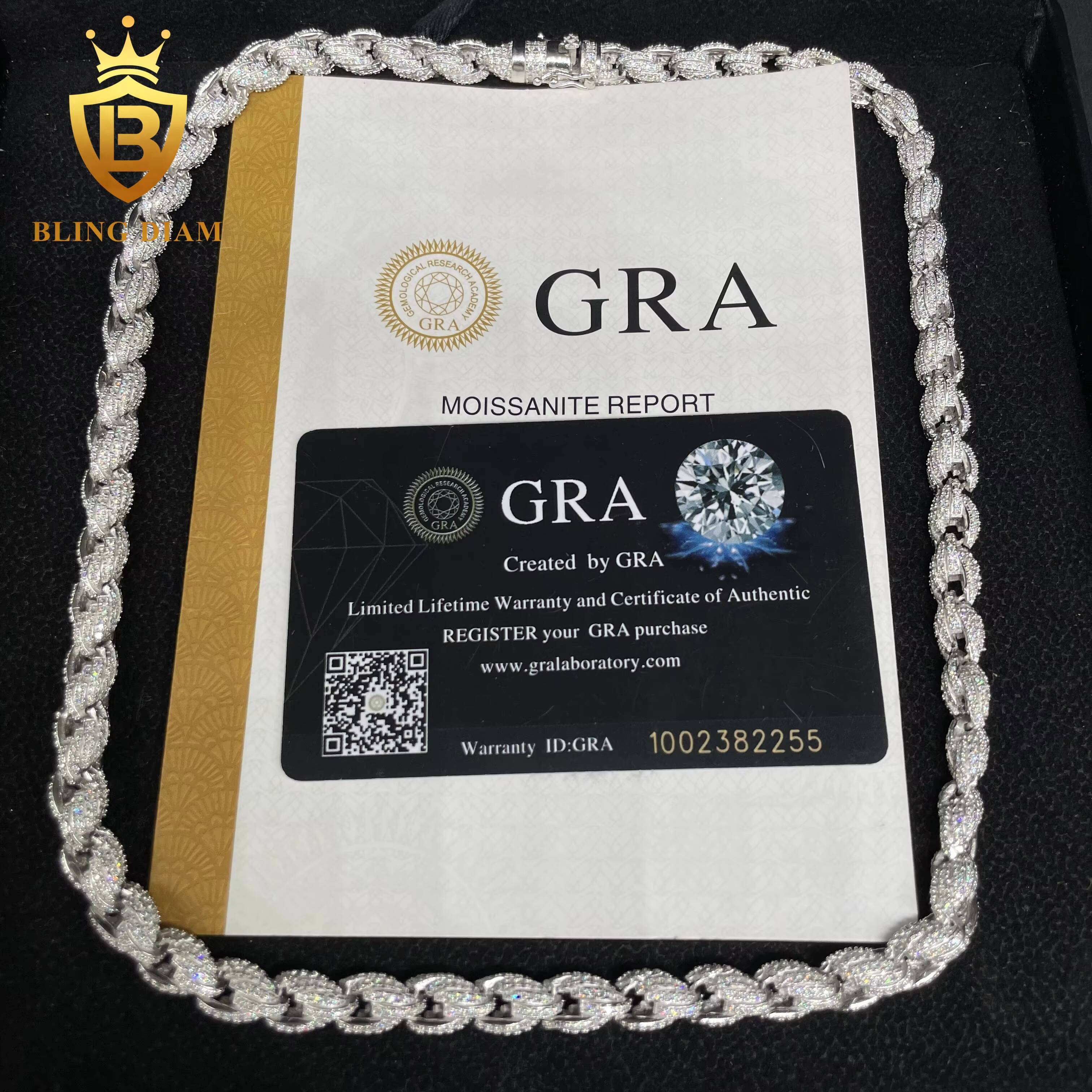 Factory Direct Man Jewelry Iced Out 7.5mm Hip Hop 925 Silver Rhodium Plated Sterling Silver Rope Chain