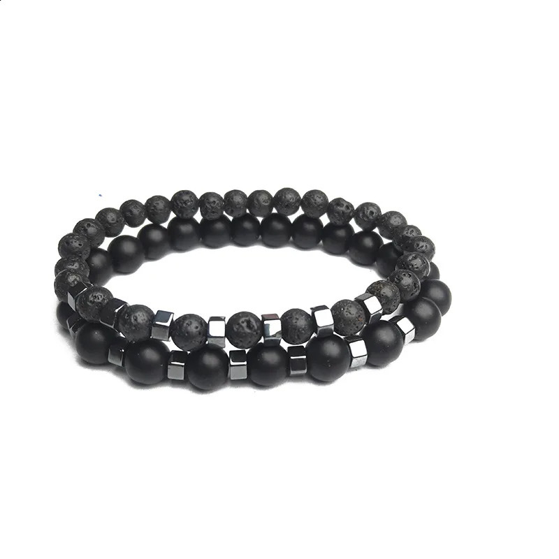 In Frosted Black Bead Volcanic Stone Mens Bracelet Set Double Layer Nature Stone Beaded Bracelets Gifts 250812