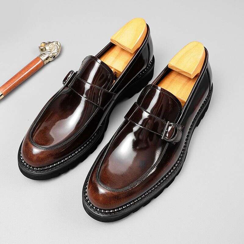 British Style Loafers For Men With Shiny Leather, Increased Height, Thick Sole, Casual One Foot Round Toe Leather Shoes,