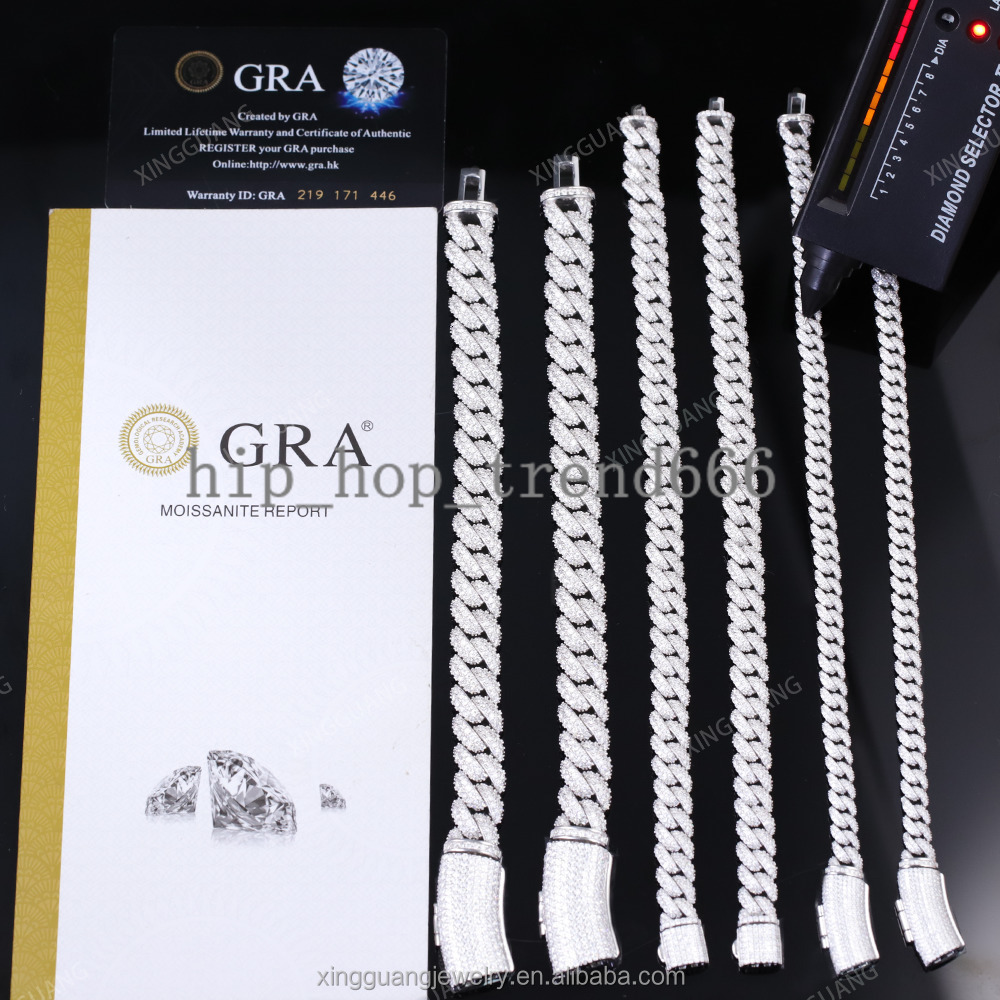 Hip Hop Jewelry S925 Silver 6mm 9mm 13mm Iced Out VVS Moissanite Cuban Chain Bracelet With GRA Certificate