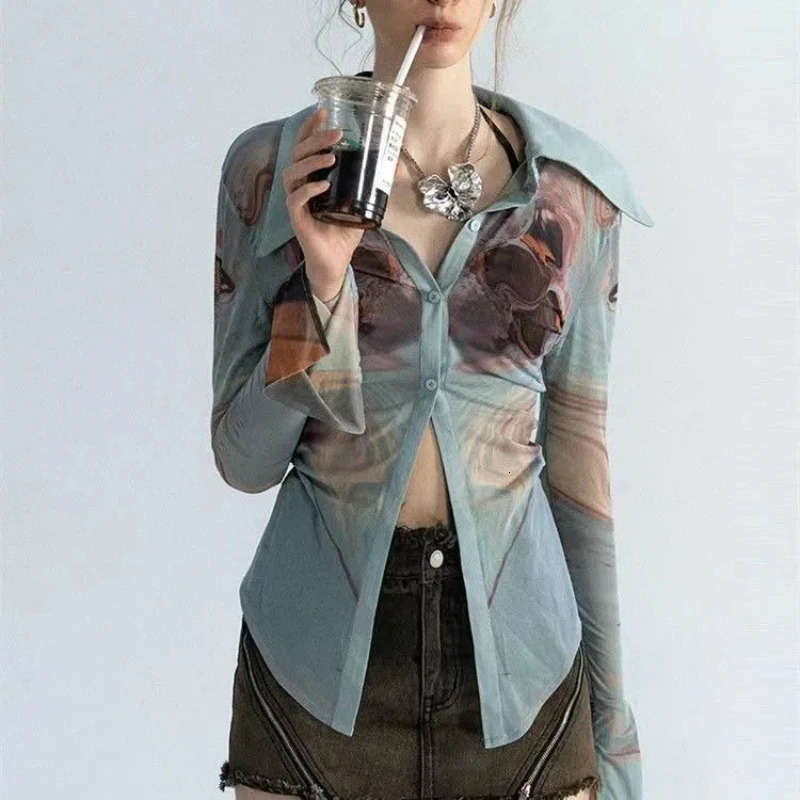 Japanese Summer Womens Lolita Patchwork Polo Shirts Button Printing Gauze Fashion Slim Elegant Long Sleeved Tops 250814