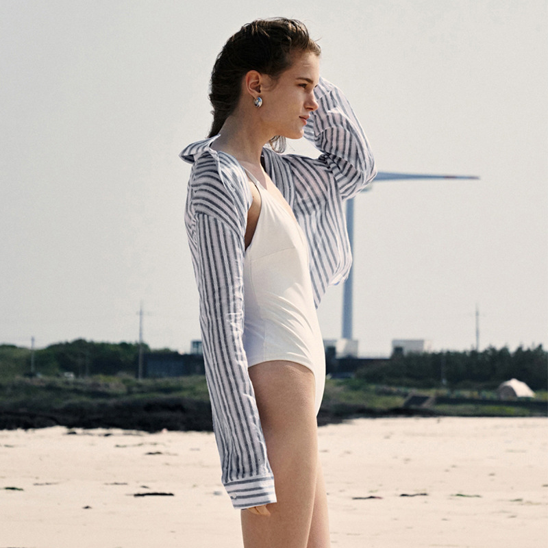 Old Long for Women Blue and White Striped Sun Protection Shirt Color-Block Loose Lazy Style Cardigan Top