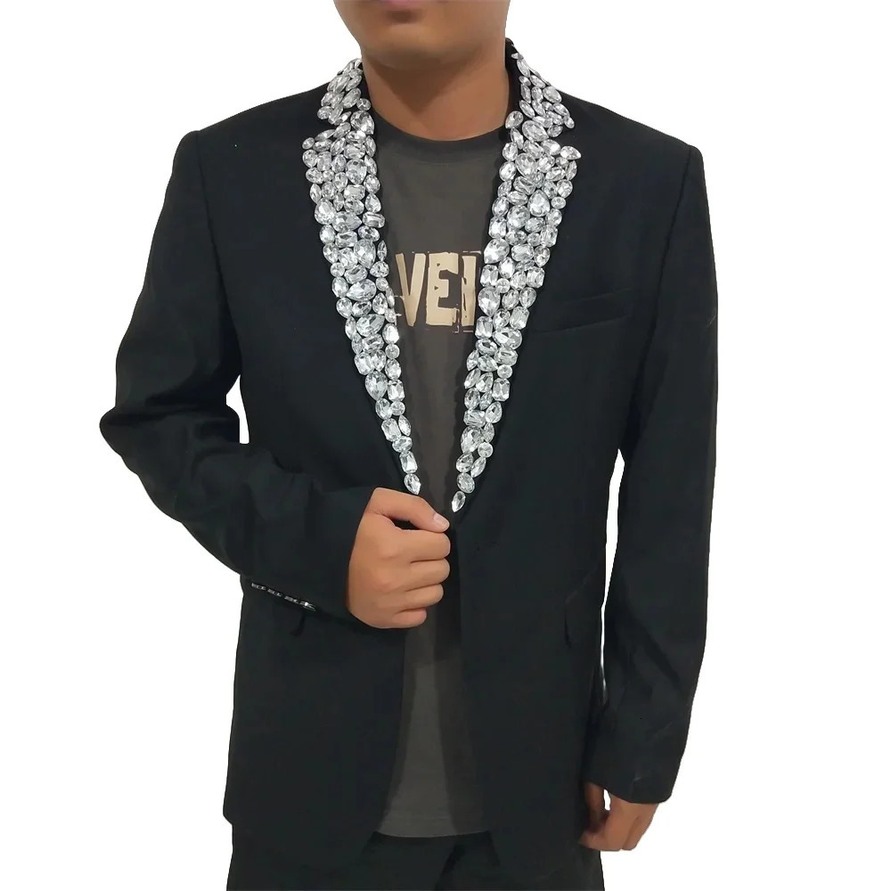 Formal Rhinestones Black Blazers Mens Singer Host Stage Performance Slim Coat Banquet Costume Party Groom Wedding Suit Jackets 250811