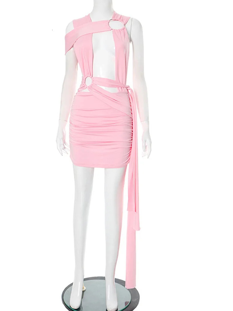 Beyprern Womens Cut Out O-Rings Metal Short Dress Sexy Hollow Out Long Straps Slim Night Out Party Dresses Clubwear Vestidos 250808