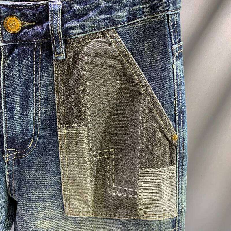 Spring and Autumn 2025 New Trendy Brand Splicing Patch Retro Jeans Men's Slim fit Small Feet Rascal Handsome Denim Pants