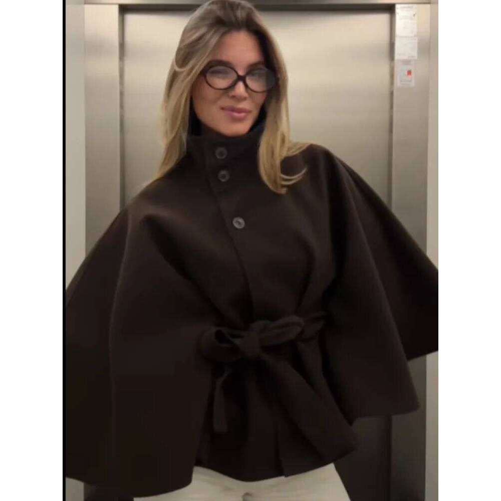 Solid Wide Flare Sleeves Lace Jacket Women's High Waist Stand Up Collar Single Breasted Coat 2025 Elegant Street New Outwear