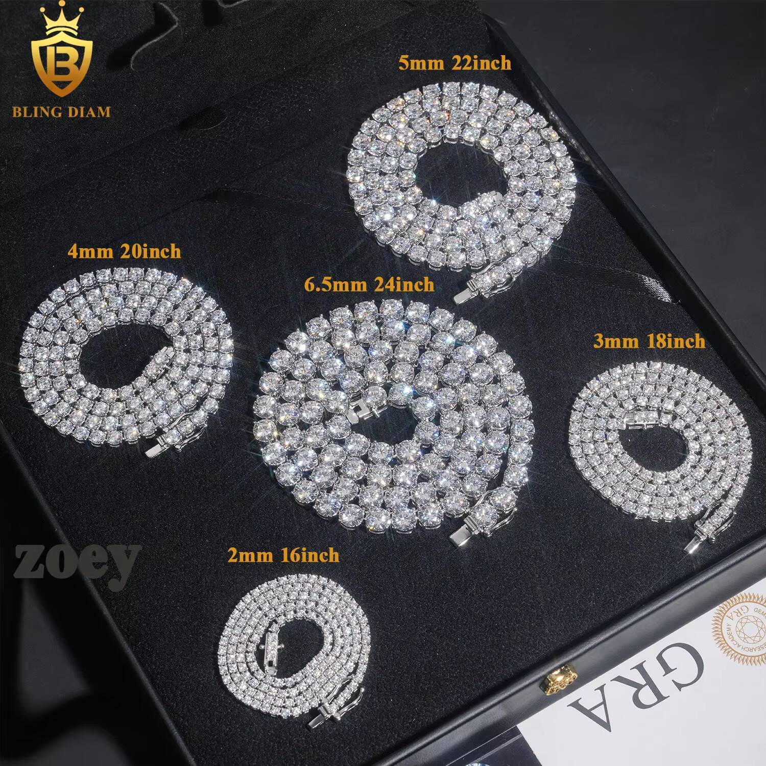 2mm-6.5mm Gold Plated Hip Hop Jewelry 925 Sterling Silver Vvs1 Moissanite Diamond Tennis Chains Bracelet Necklace