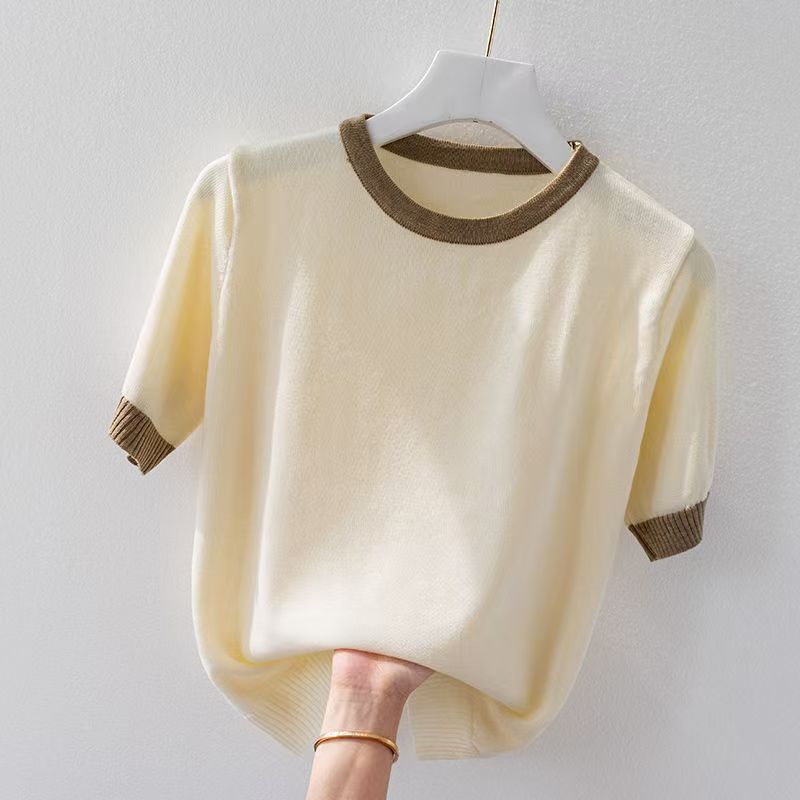 K1655 2025 Summer New Ice Silk Short Sleeve Shirt Women's Contrast Color European Goods All-match Round Neck Loose Knitted Bottoming Shirt Top