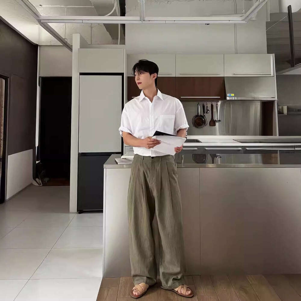 Army Green Linen Casual Long Pants For Men Summer New High-End Versatile Loose Straight Wide-Leg Trousers B5