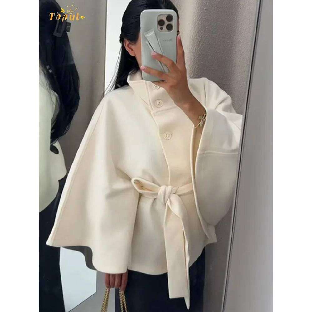 Solid Wide Flare Sleeves Lace Jacket Women's High Waist Stand Up Collar Single Breasted Coat 2025 Elegant Street New Outwear