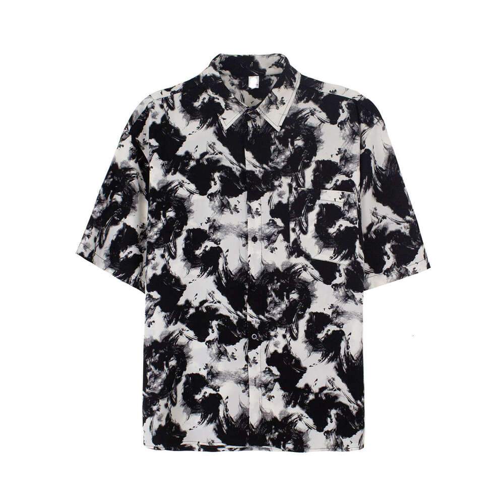 Summer Top Korean Loose High-End Drape Short Sleeve Men's Trendy Cool Ink Wash Non-Iron Shirt Trend B5