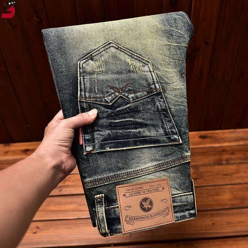 High-End Motorcycle Jeans Men's Autumn Washed-out Vintage Nostalgic Fall Slim Fit Straight Stretch Denim Long Pants