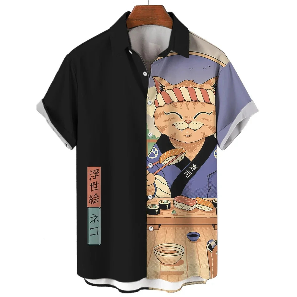 Fashion Mens Clothing Cool Samurai Cat Tops Summer Casual ShortSleeved Anime Loose Blouse Hawaiian Shirts 250804