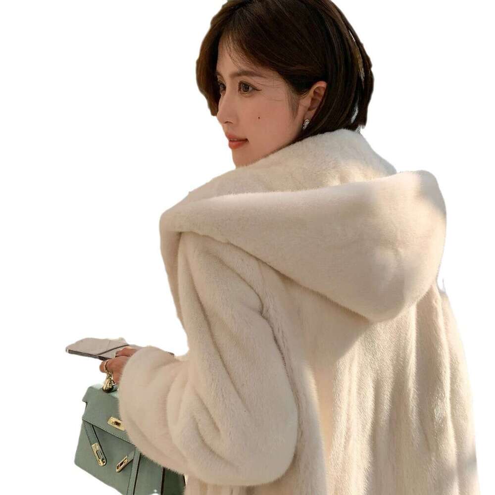 2025 New Elegant Women Jacket Loose Fashionable Extended Hooded Warm Mink Fur Winter Coat White Gray Casual Long Parkas