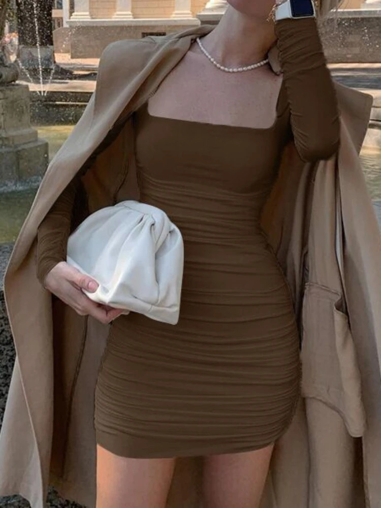Elegant Square Collar Long Sleeves Folds Slim Bodycon Dress Women Solid Color Skinny Mini Dress Sexy Club Party Vestidos 250808