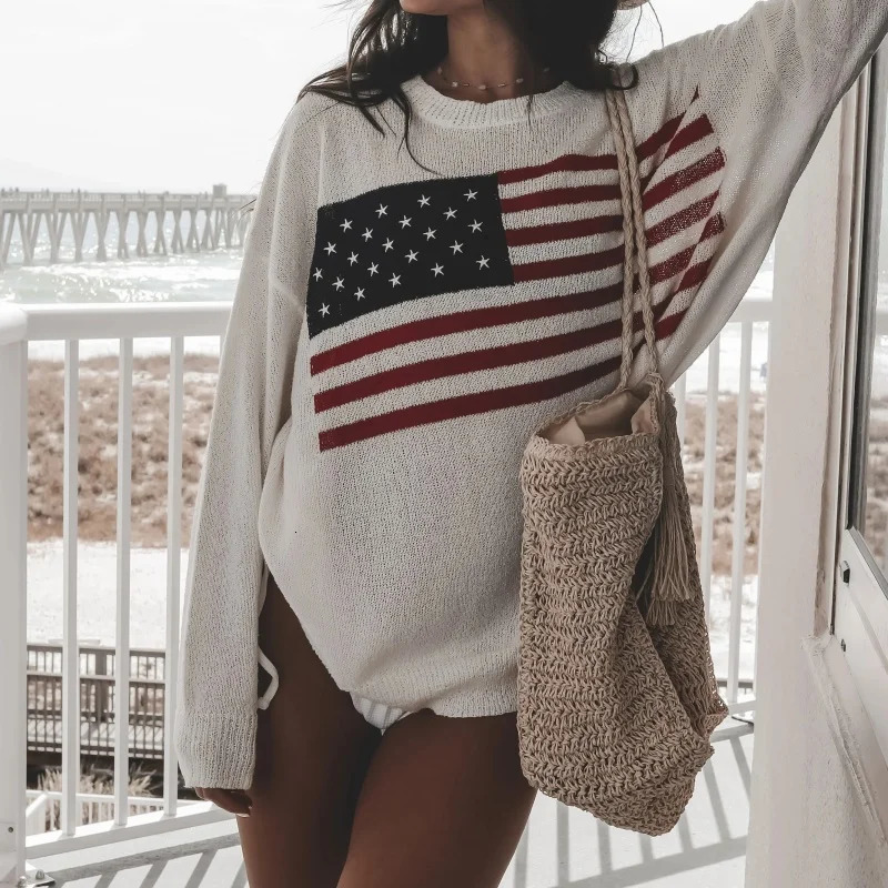 Women American Flag Sweater Loose Fit Long Sleeve Knit Pullover Tops Y2k Vintage 4th of July Hollow Out Jumper Top Streetwear 250808
