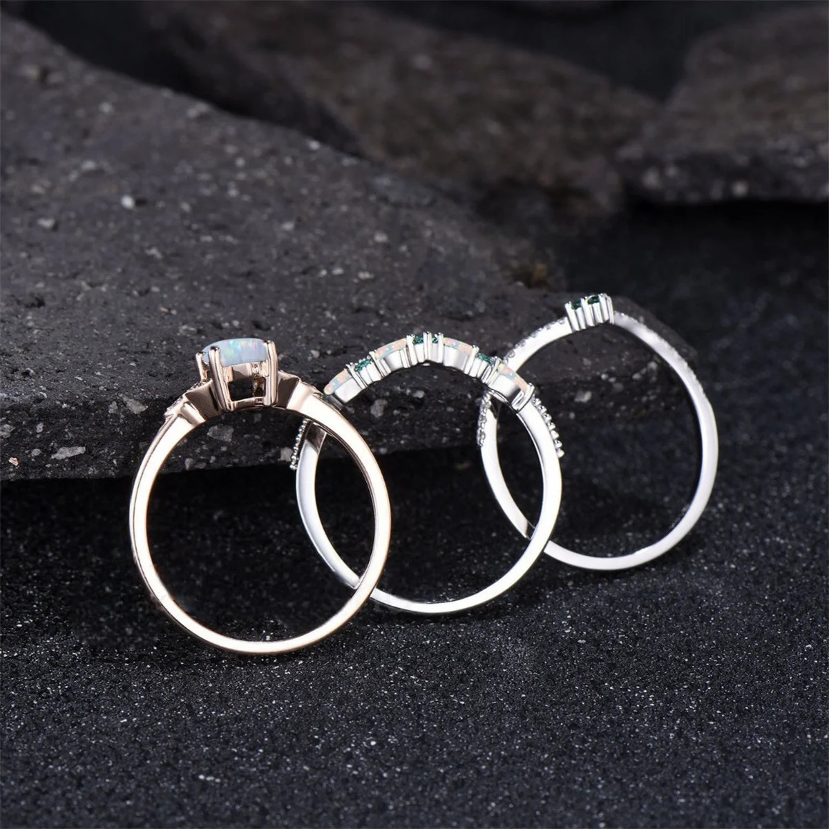 3Pcs/Set Fashion Rose Gold Color Rhinestone Opal Rings For Women Green Crystal Rings Set Wedding Engagement Jewelry Gifts 250811