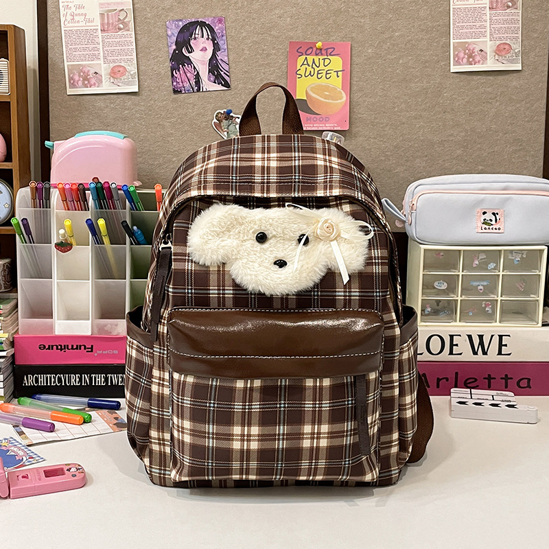Autumn New Neutral Style Backpack Couple Bag New Checkered Backpack Cute Puppy Retro Style Casual Backpack Autumn New Designer Bag