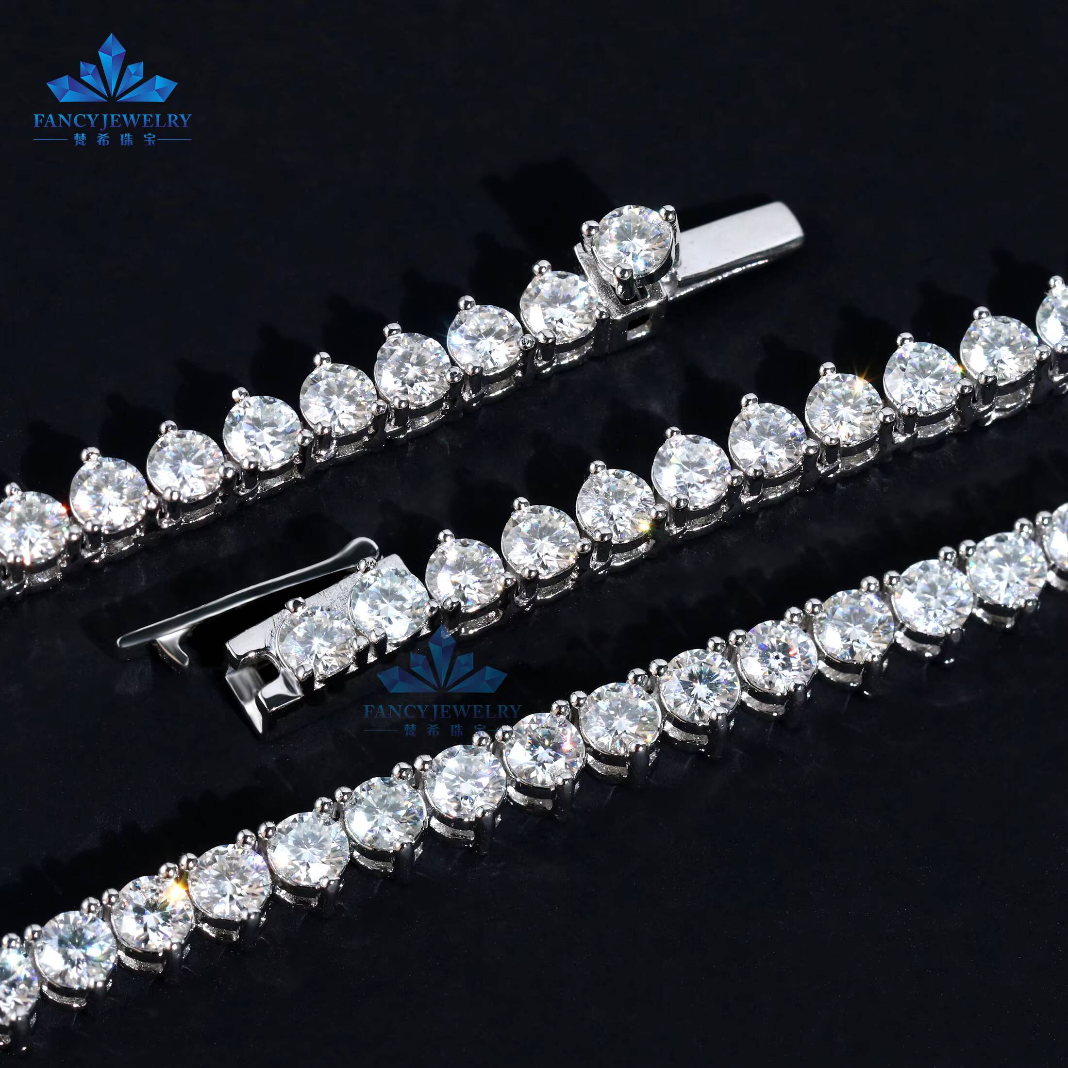 HipHop Style 3-Prong Tennis Chain Necklace for Men Women VVS Iced Out Round Brilliant Cut Diamond Gold Plated 925 Silver Jewelry